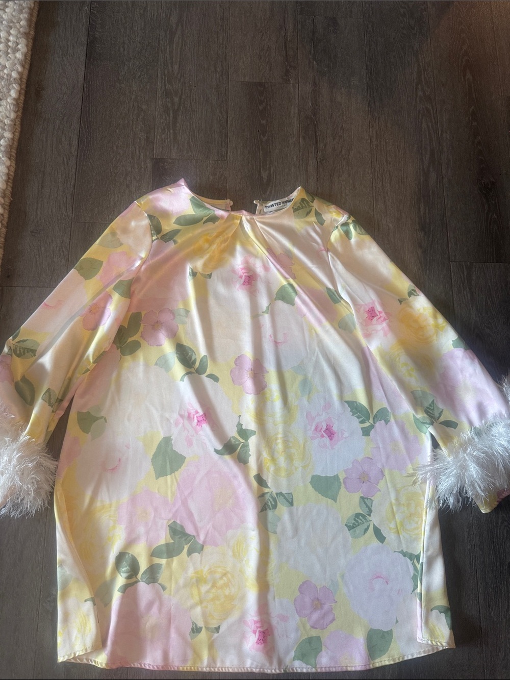 Pastel Floral Satin Mini Dress with Feather Trim